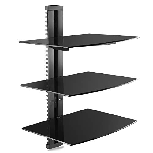 suptek Suporte de parede de 3 prateleiras flutuantes (vidro temperado) de DVD/caixas de cabo/consolas de jogos/acessórios de TV, preto, CS303