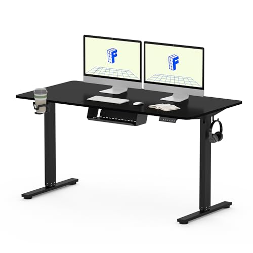 FLEXISPOT QE Pro Mesa elevável elétrica 140 x 60 cm, mesa levantável com 2 ganchos, porta-copos e organizador de cabos, 4 funções de memória, Standing Desk para escritório e casa e telébalho, preto