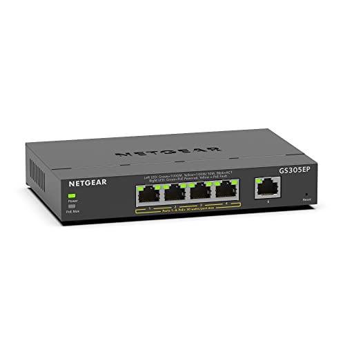 NETGEAR Switch PoE Smart Plus de 5 portas GS305EP | Switch Ethernet com 4 x PoE a 63 W, montagem na mesa/parede
