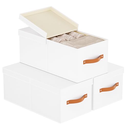 YheenLf Conjunto de 3 cubos de armazenamento dobráveis com tampa, caixas organizadoras em tecido com alças, caixa para organizar roupas e lençóis em armários, branco, 33 x 23 x 14 cm