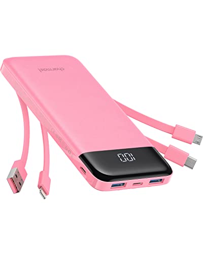 Charmast Power Bank 10000 mAh com cabos integrados, USB C carregador portátil 5 V / 3A Powerbank ecrã LED com 6 saídas e 3 entradas para iPhone Samsung Huawei Xiaomi