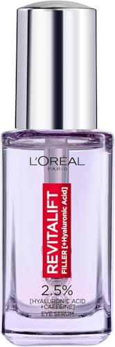 L'Oreal Paris Dermo Expertise Revitalift Filler Sérum de olhos com ácido hialurónico e cafeína, enchimento de rugas e correção de olheiras, rolo triplo, 20 ml (embalagem de 1)