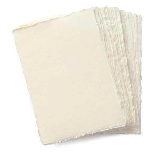 Papel de técnica mista A4 creme feito à mão com borda de barba - 21 x 30 cm - 150 GSM - papel texturizado prensado a frio de algodão colorido para convites e trabalhos manuais, 50 folhas