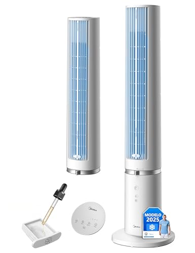 MIDEA Ventilador de torre de 4 velocidades com controlo remoto, ventilador de torre silencioso com oscilação de 90º - refrigerador de ar com temporizador - climatizador frio potente até 9 m - Fan