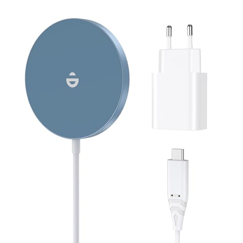 Carregador rápido compatível com mag-Safe com fonte de alimentação, 20 W, USB-C, magnético, sem fio, carregador para iPhone 17/16/15/14/13/12 Series e azul