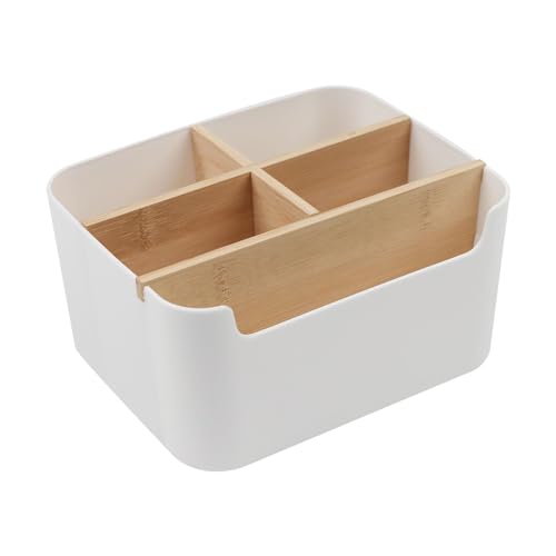 YIWONFU Organizador de mesa de madeira, 5 compartimentos organizador de mesa de bambu multiusos organizador de controlo remoto para canetas esferográficas, notas autocolantes, óculos, tesouras