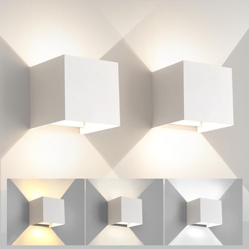FUPE 2 peças aplique de parede exterior interior luz ajustável de 3 cores LED candeeiros de parede modernos brancos 6 W IP65 impermeável apliques de exterior quadrada de alumínio ângulo de luz