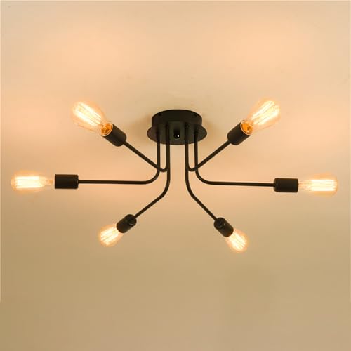niuniaj Candeeiro de teto industrial 6 luzes candeeiro de teto Plafon Sputnik E27 candeeiro vintage, candeeiro de teto para quarto, sala de estar, cozinha, sala de jantar, preto (sem lâmpada)