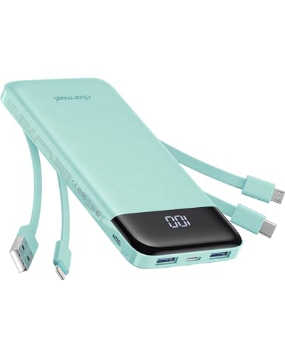Charmast Power Bank 10000 mAh com cabos integrados, USB C carregador portátil 5 V / 3A Powerbank ecrã LED com 6 saídas e 3 entradas para iPhone Samsung Huawei Xiaomi