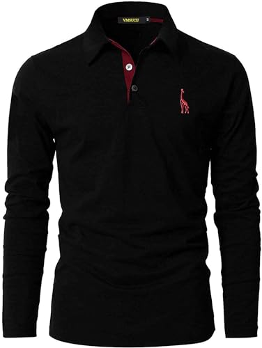VMSUCIJ Polo de manga comprida homem algodão girafa bordado Shirt clássico golfe ténis t-shirt com bolso