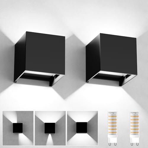 YrgePowk 2 peças aplique parede interior / exterior, candeeiro de parede com lâmpadas LED G9 substituíveis 9 W 6000 K branco frio, aplique parede exterior impermeável IP65 ângulo de feixe ajustável