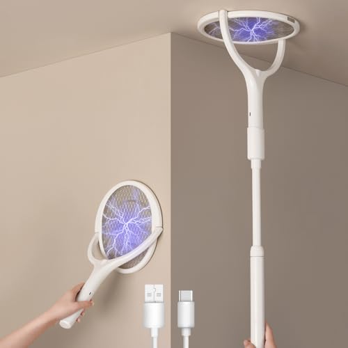 2 pacotes GeckoMan cabeça giratória raquete mosquitos elétrica recarregável raquete mosquiteira elétrica mata moscas elétrica, com 2 extensões telescópicas