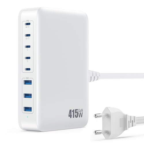 Carregador USB C múltiplo de 415 W, GAN IV 8-Port USB Charger carregamento rápido com PD duplo 100 W, QC PPS alimentador USB múltiplo carregador tipo C para MacBook Air/Pro, iPhone, iPad Pro, Samsung