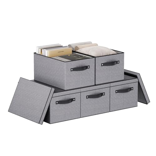 YheenLf 5 peças caixa de armazenamento com tampa, 38 × 25 × 21 cm cestas organizadoras dobráveis com alça, caixas de armazenamento decorativas para organizar roupas, toalhas e outros artigos, cinzento