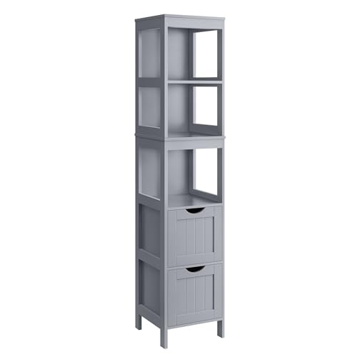 VASAGLE Armário de casa de banho, armário independente, confortável de 2 gavetas, compartimentos abertos, para casa de banho, sala de estar, cozinha, cinzento pombo BBC66G02