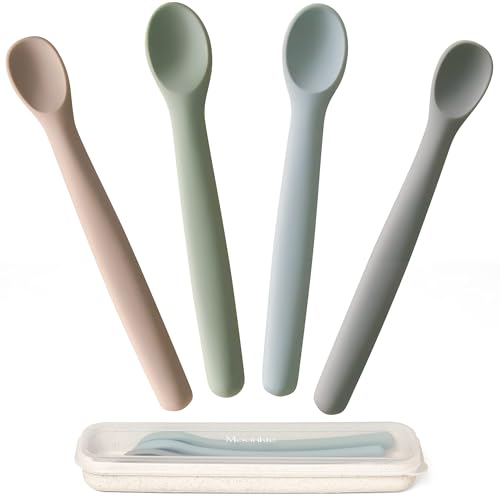 Moonkie Colher de bebé, 4 peças colheres de silicone de aprendizagem para bebés, suaves e flexíveis, muito adequadas para auto-alimentação e desmame orientado