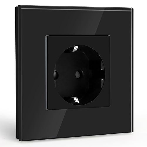 BSEED Tomada de parede, chuko tomada simples com painel de vidro preto, tomada de corrente de 16A 250 V simples, 1 gangue tomadas de extensão para cozinha, quarto, escritório, hotel, etc-86 mm * 86 mm