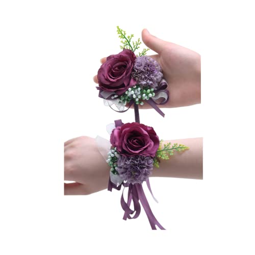Conjunto de 2 buquê de boneca de flores de rosa, flores de seda artesanais para namorada, flores de mão para homens, festa de graduação, regresso a casa e dama de honra (roxo profundo)