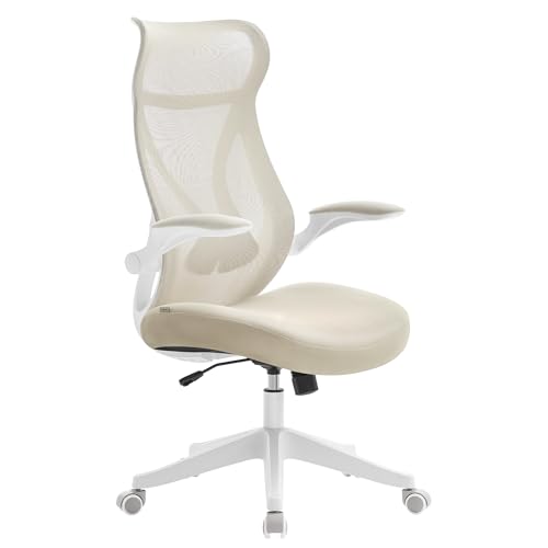 SONGMICS Cadeira de escritório, cadeira de secretária, encosto ergonómico, altura ajustável, apoio de braços dobráveis, cadeira giratória com apoios de cabeça, carga de 150 kg, bege cappuccino