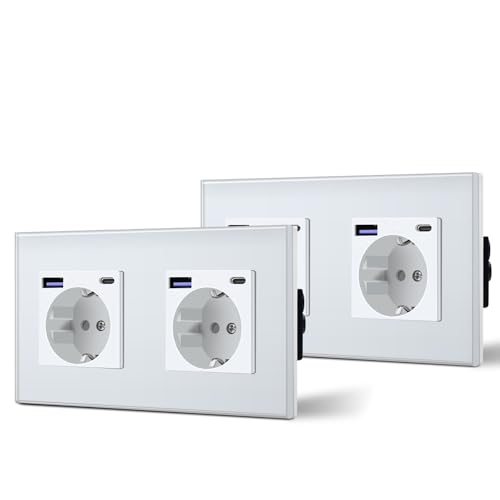 BSEED Tomada de parede dupla com 20 W USB e tipo C, tomada USB C de vidro, carregamento rápido, 3 em 1, instalação fácil, 2 tomadas - 2 pacotes, 157 mm branco