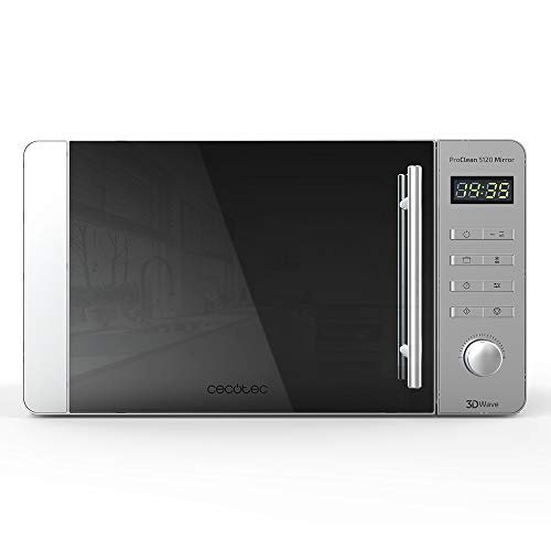 Cecotec Microondas aço inoxidável ProClean 5120 com grill Mirror com revestimento Ready2Clean para melhor limpeza, tecnologia 3DWave, 700 W e Grill 800 W. 20l, design frontal MirrorDoor,8 Programas