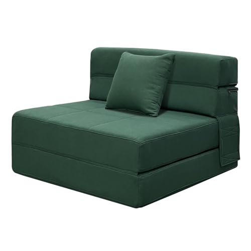 ANONER Poltrona para cama dobrável, com espuma de memória e almofada, para sala de estar Lofts, sofá dobrável porta lavável uns, verde escuro