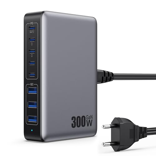 Carregador USB C múltiplo de 300 W, GAN IV 8-Port USB carregador de carregamento rápido 100 W PD QC PPS, alimentador múltiplo carregador tipo c compatível com MacBook Air/Pro, iPhone, iPad Pro,