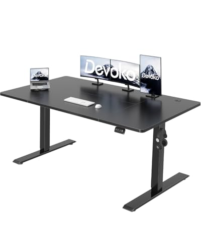 Devoko 160 x 70 cm, mesa regulável em altura, secretária elétrica elétrica elétrica telescópica bidirecional, secretária de escritório e casa, para estúdio em casa com painel montado, preto