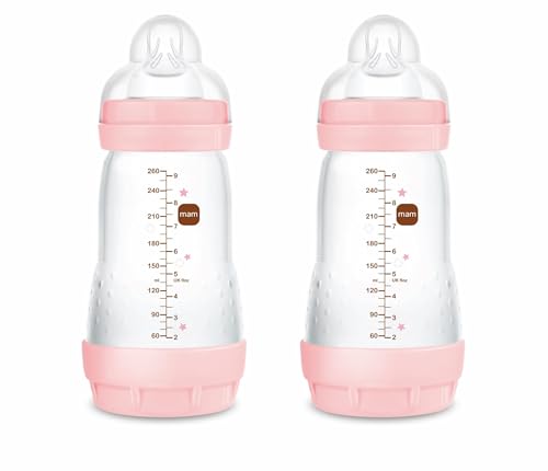 MAM Embalagem de 2 biberões anticólicos, 2-4 meses, 260 ml, com Tetina 2 fluxo médio de silicone de fácil aceitação, auto-esterilizável e fácil de limpar, MAM Easy Start Anti-Colic, rosa brilhante, 2