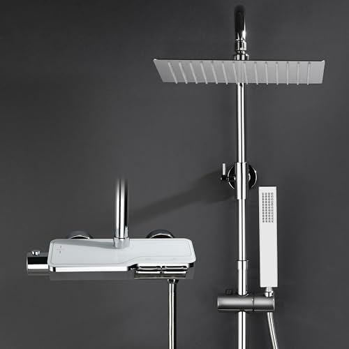 Görbach Coluna de chuveiro de chuva com torneira térmica, conjuntos de torneiras de altura ajustável em aço inoxidável com misturador, chuveiro de cabeça cromada (2525 CP)