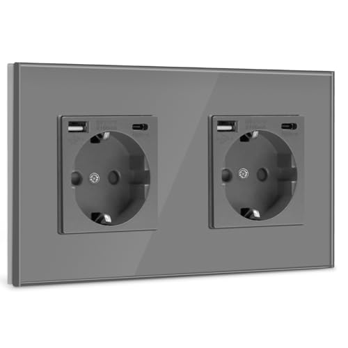 BSEED Tomada de parede dupla USB (máx. 2,1 A) com Tipo C Port, cinzento Schuko tomada, tomada de energia com 2 x carregadores USB e Tipo C adequado para smartphone MP3 Tablet, para cozinha, quarto
