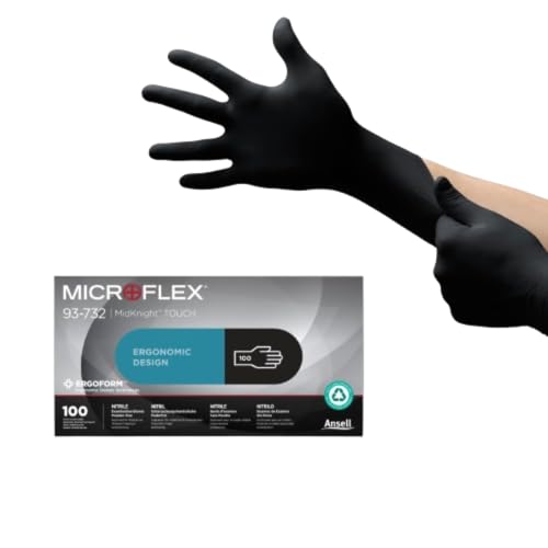 Ansell Microflex 93-732 Luvas de nitrilo sem pó, luvas descartáveis resistentes, luvas pretas látex grátis, luvas de nitrilo de tamanho L (100 unidades)