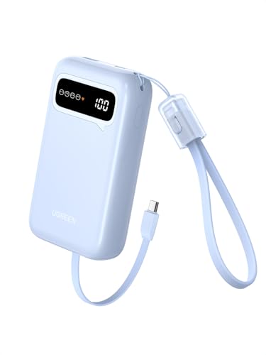 UGREEN Power Bank 20000 mAh 22,5 W, carregador portátil com cabo USB C integrado, bateria externa com ecrã compatível com iPhone 16/15 Plus Pro MAX, Galaxy S24 S23, Pixel 9/8/7, etc. Azul