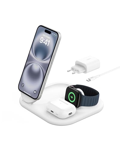 Belkin BoostCharge Carregador magnético dobrável 3 em 1, com Qi2 de 15 W, estação de carregamento rápido compatível com MagSafe, para iPhone 16/iPhone 15, Apple Watch, AirPods, base antiderrapante,