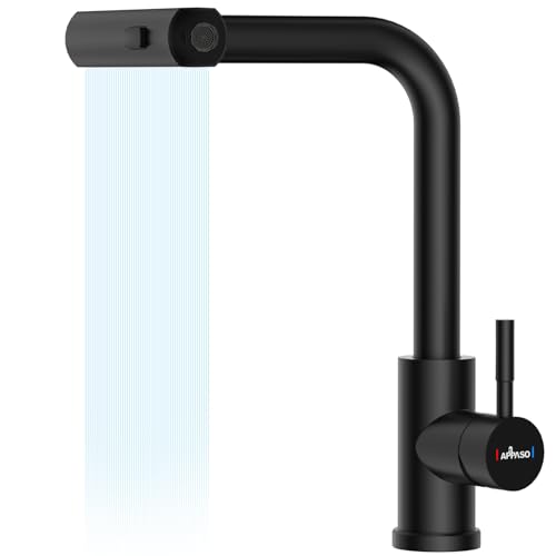 APPASO Torneira cozinha preta waterfall, torneira de cozinha de alta pressão, torneira de cozinha removível com 3 tipos de jato rotativo de 360°, aço inoxidável preto