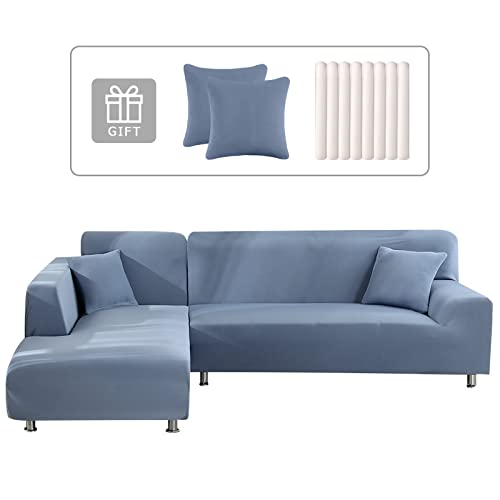 Lydevo Capa para sofá Chaise Longue 2 peças capa cobertura sofá de sofá inconera em forma de L reversível com 2 fronhas elásticas protetor para sofá, canto direito esquerdo, cinzento azul