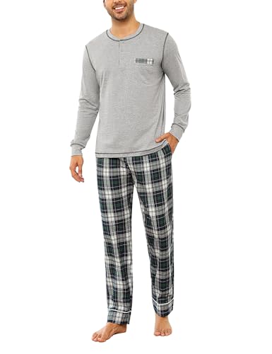Litherday Pijama homem inverno algodão conjunto de pijama de manga comprida pijamas de homem comprido roupa de dormir para homem com top e calças 2 peças com bolsos S-XXL