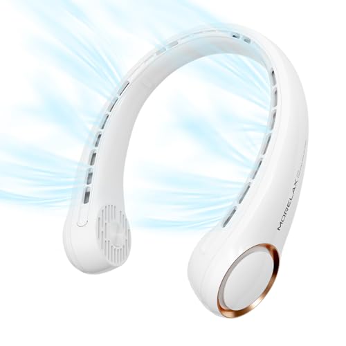 Morelax Ventoinha de pescoço portátil recarregável USB, 3 velocidades ajustáveis/super silenciosa/sem folhas, design 360° para viagens, desporto, escritório e casa (branco)