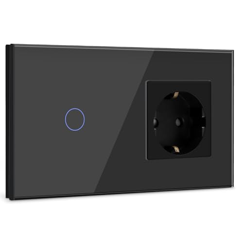 BSEED Interruptor com tomada, 1 Gang 1 via interruptor de luz com tomada de parede, Nergo interruptor tátil de luz de parede com indicador LED, tomadas de extensão com painel de vidro temperado 500 W