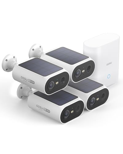 AOSU 3 MP Câmara de vigilância WiFi exterior solar com bateria Homebase e 4 câmaras, sem taxas mensais e painel solar integrado com 2,4 G/5 Ghz WiFi, visão noturna colorida, 32 GB armazenamento local
