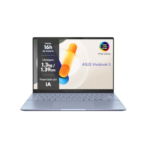 ASUS Vivobook S 14 OLED OLED S5406SA-PP223W Computador portátil de 14", WQXGA+ 120Hz (Intel Core Ultra 7 256V, 16 GB RAM, 1TB SSD, Windows 11 Home, Copilot PC) azul Névoa - T eclado QWERTY espanhol