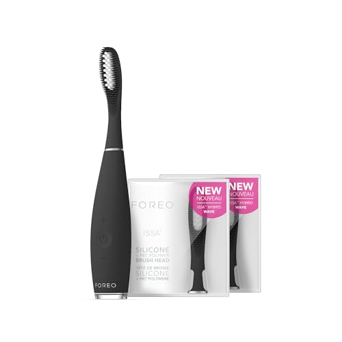 FOREO Set Total Oral Care ISSA 3 - Escova de dentes elétrica 4 em 1 ultra-higiénica de silicone 2 cabeças ISSA Hybrid Wave - dentes brancos, gengivas limpas, bochechas e língua - Black