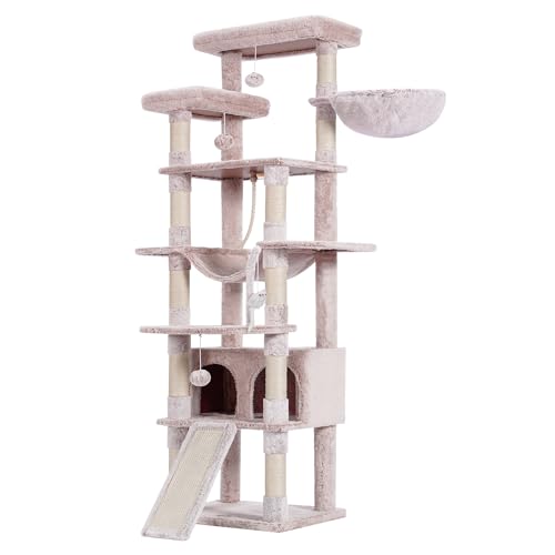 Heybly Árvore para gatos, 200 cm de altura torre para gatos, com 11 postes, 2 plataformas, 1 grutas, cesta, rede, 3 pompom, multível para gatos grandes, bege castanho HCT033MU