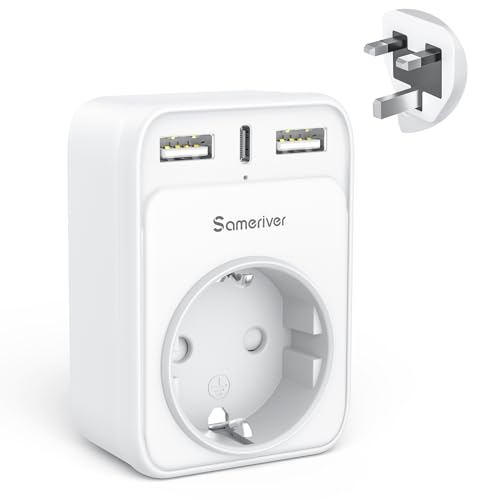 Sameriver Adaptador de tomada inglesa UK Inglaterra adaptador de viagem com 2 USB e tipo C, espanhol 2 pernas Europa para 3 patas Reino Unido RU para a Irlanda Escócia britânica Maldivas (Tipo G)