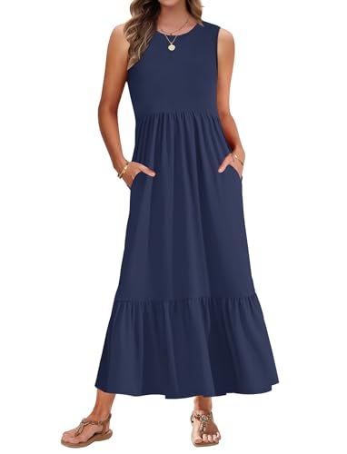 AUSELILY Vestido longo verão mulher decote redondo vestido casual sem mangas vestidos maxi verão praia com bolsos