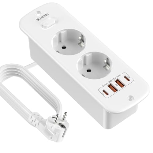 Tomada de mesa de 2 tomadas, tomada embutida com USB, 6 n 1 de mesa, tomada tripla embutida com 4 USB, adaptador de tomada 6 n 1 com cabo de extensão de 2 m com interruptor para escritório,