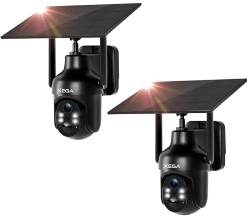 Xega Câmara de vigilância WiFi exterior solar 2 peças, 2 K HD visão noturna colorida, bateria incorporada de 5200 mAh, detecção humana PIR áudio bidirecional nuvem/cartão TF WiFi 2,4 GHz sem fios IP66