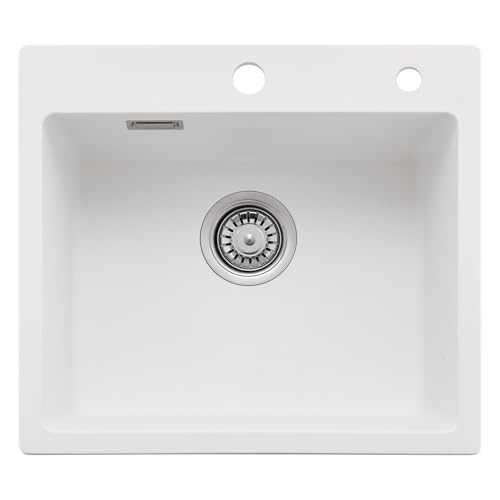 Auralum Lava-louça cozinha branca 50 x 45 cm, granito lava-louça cozinha 1 seio com sifão e conjunto de ralo, lava-louça sobre bancada para móveis 50 cm