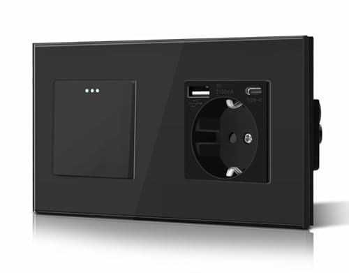 BSEED Interruptor interruptor e tomada USB C, Basculante com pilotos LED, moldura de vidro, instalação fácil, fácil de limpar, 1 gangue 2 vias com tomada USB/tipo C, 157 mm preto