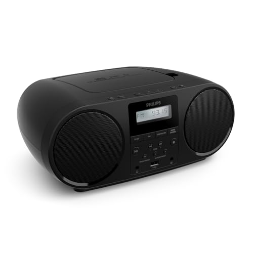 Philips TAZ5000 Leitor de CD tudo em 1 com rádio FM, Bluetooth 5.4, USB, pilhas / corrente, graves dinâmicos, materiais reciclados e tomada para auriculares de 3,5 mm